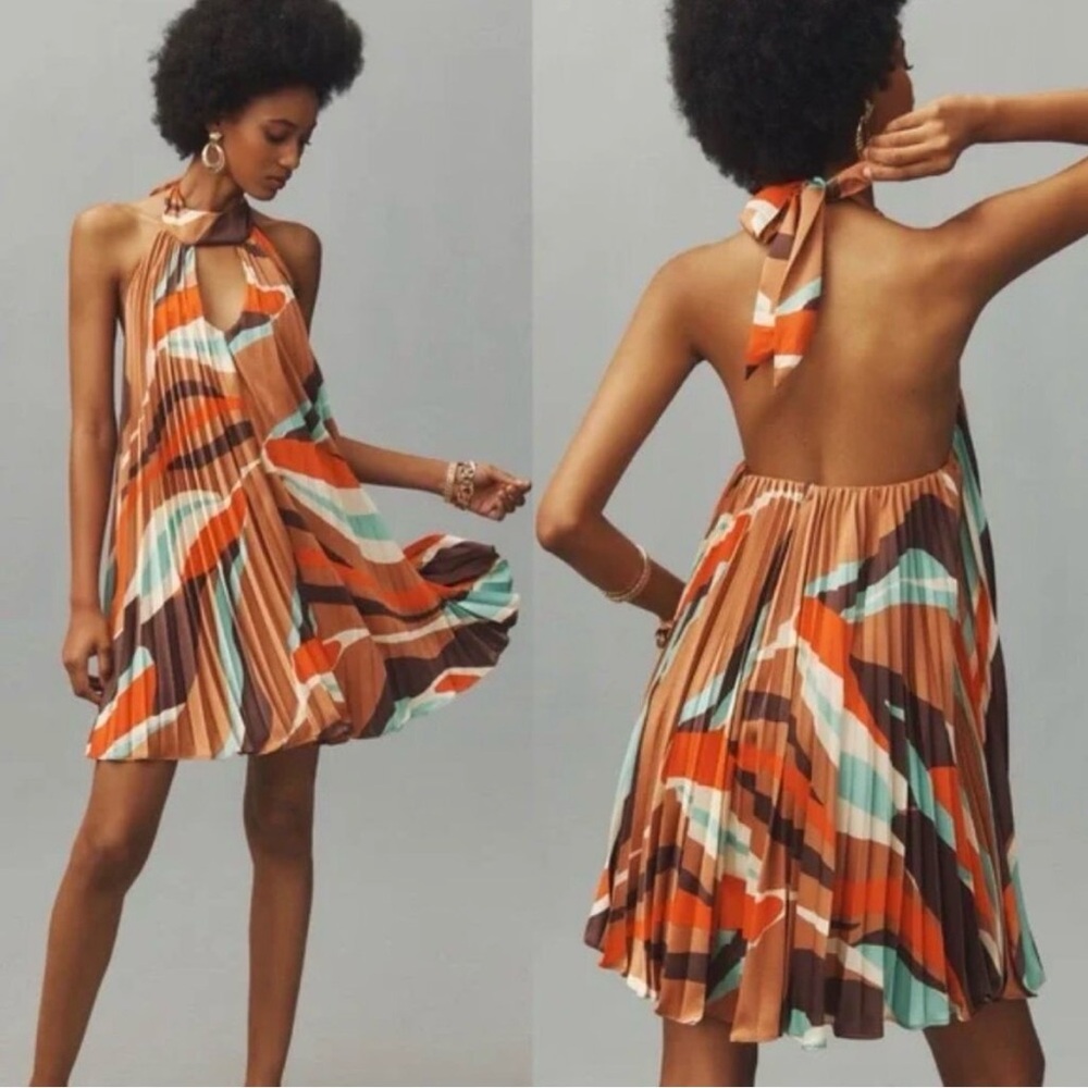 Anthropologie x Hutch Backless Halter Mini Dress in Brown, Orange & Teal Wave